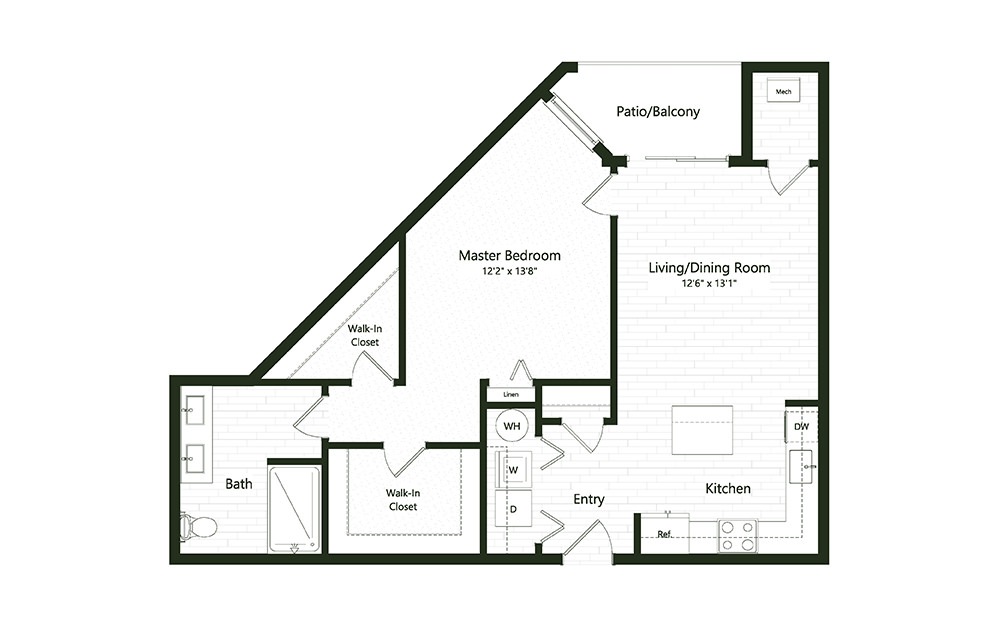1BC-1 - 1 bedroom floorplan layout with 1 bath and 911 square feet.