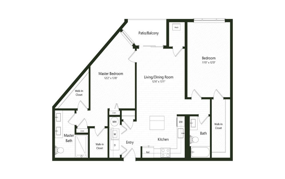 2BC-6A - 2 bedroom floorplan layout with 2 baths and 1280 square feet.