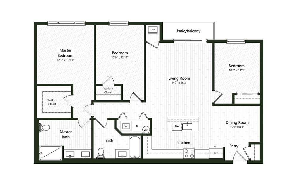 3B-1 - 3 bedroom floorplan layout with 2 baths and 1457 square feet.